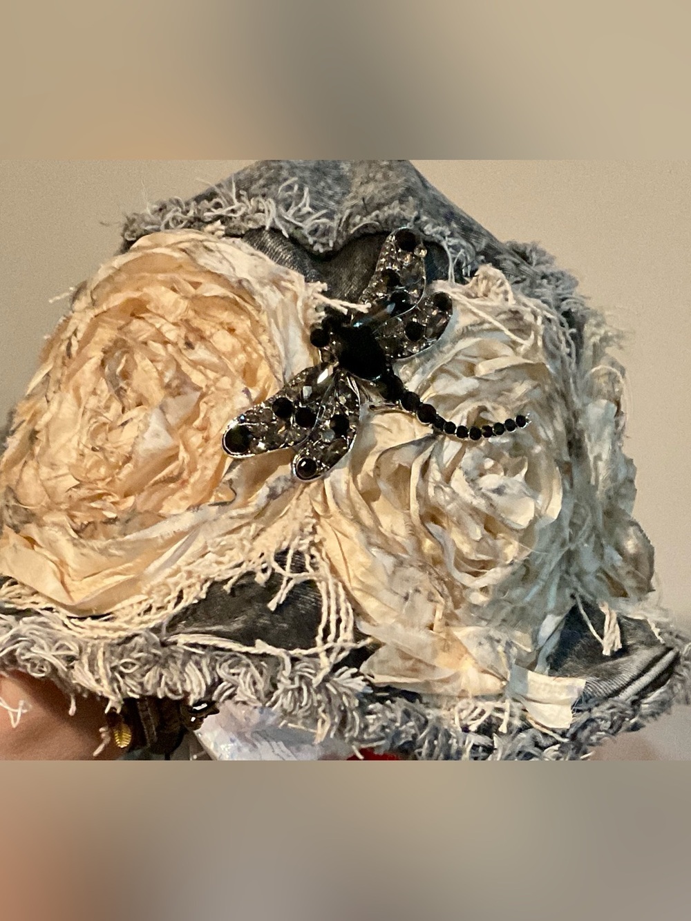 Denim Bucket Hat with Cream Rosette Embellishments - Picture 2 of 3